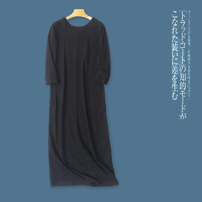 Exported to Japan Knitted dress Spring and Autumn New Women's Clothing Fashion Slim fit round Neck Pullover Nine-Quarter Sleeve Split Long dress 29168