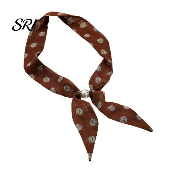 Satin Neck Scarf Women Imitation Pearl Buckle One-Piece Design Lightweight Chiffon Breathable Summer French Retro Black White Dot Collar Decorative