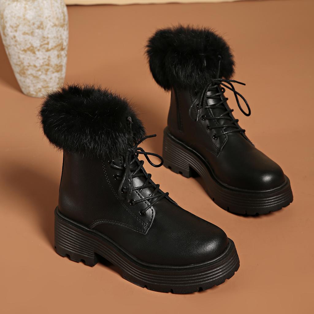 Schwarze Flauschige Fell Dicke Sohle Stiefeletten Damen Winter Weiche Plateau Seitlicher Reißverschluss Leder Schneestiefel Kurze Botas Schuhe Mujer