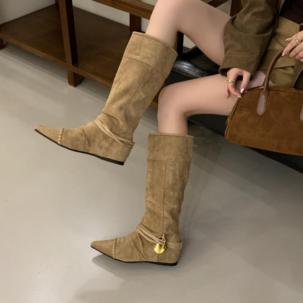 Sleeve stacking boots 2025 autumn new wedge heel metal buckle tip inner height increase matte leather high boots