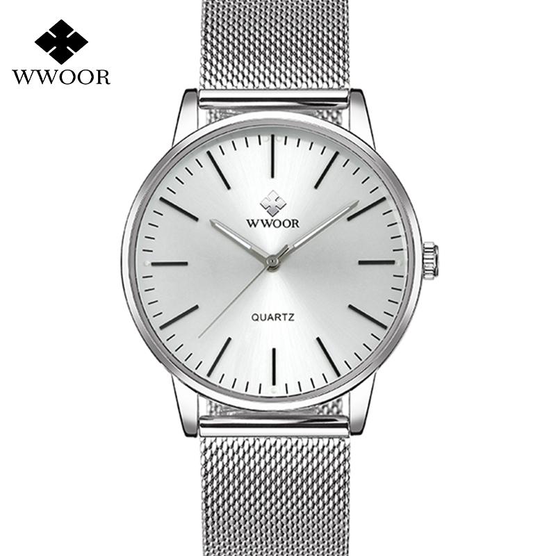 WWOOR Gold Watches Ultra Thin Simple Men Quartz Watches Waterproof Mesh Belt Full Stainless Steel Wristwatch