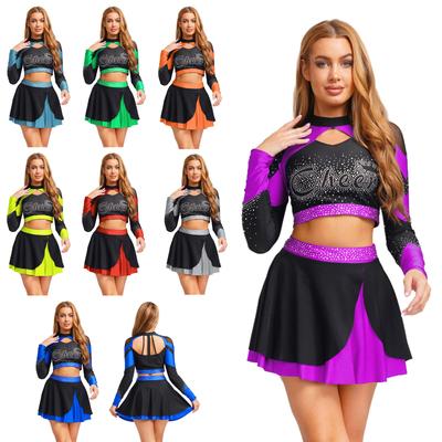 Uniforme de Baile y Porrismo de 2 Piezas para Mujer S-XXL: Top Llamativo con Pedrería y Falda de Contraste para el Escenario o Halloween