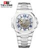 Mens Automatic Mechanical Watch With Skeleton Dial Stainless Steel Band Business Style 43mm Square Case 30M Water Resistant