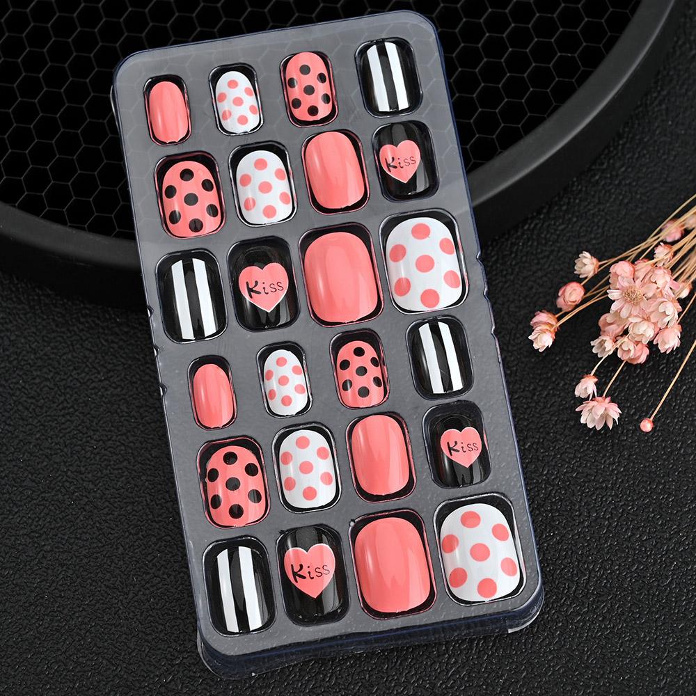 24pcs/box Candy Kids False Nail Cartoon Full Cover Press On Fake Nails Tips Kawaii Acrylic Artificial Fingernails for Girls