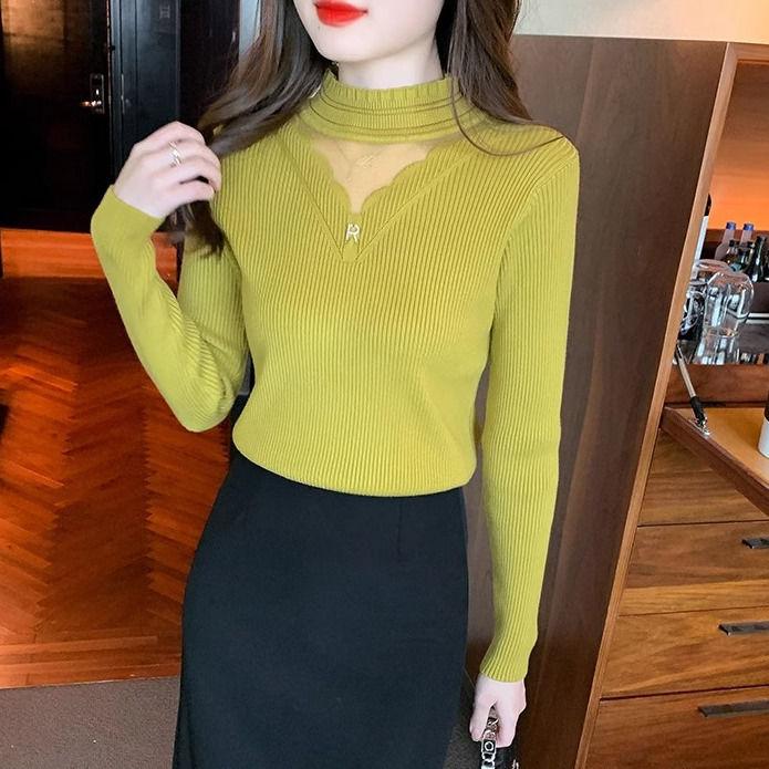 Turtleneck Hollow-out Lace Trim Knitwear Long Sleeve Spring Autumn Versatile Fashion Outer Wear Base Layer Top