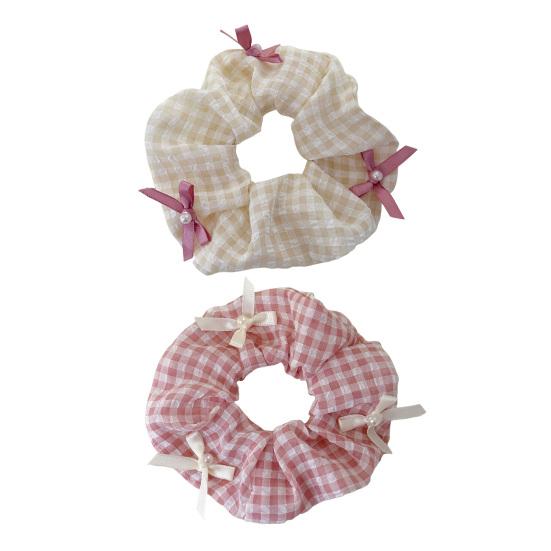 Plaid Hair Scrunchies No Crease Frizz Control Faux Pearl Bow Hair Ties No Damage Rubber Band Ponytail Holder Women Girls Hair Accessories