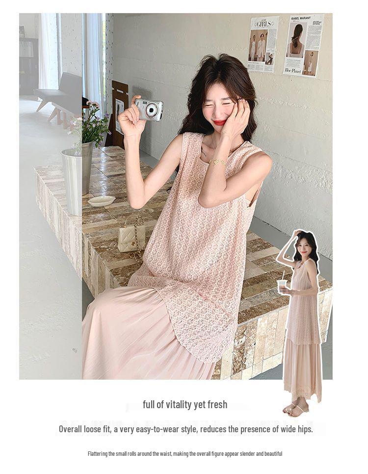 Plus Size Slimming French Style Lace Patchwork Two-Piece Tank Dress for Women