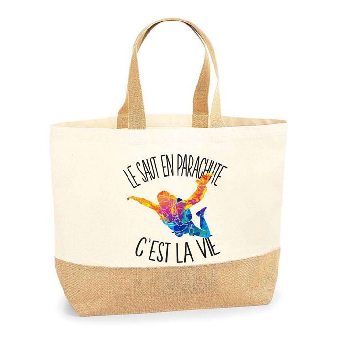 Tote bag jute - PLANETEE - saut en parachute c'est la vie - jute naturel - Fabriqué en France - grand format