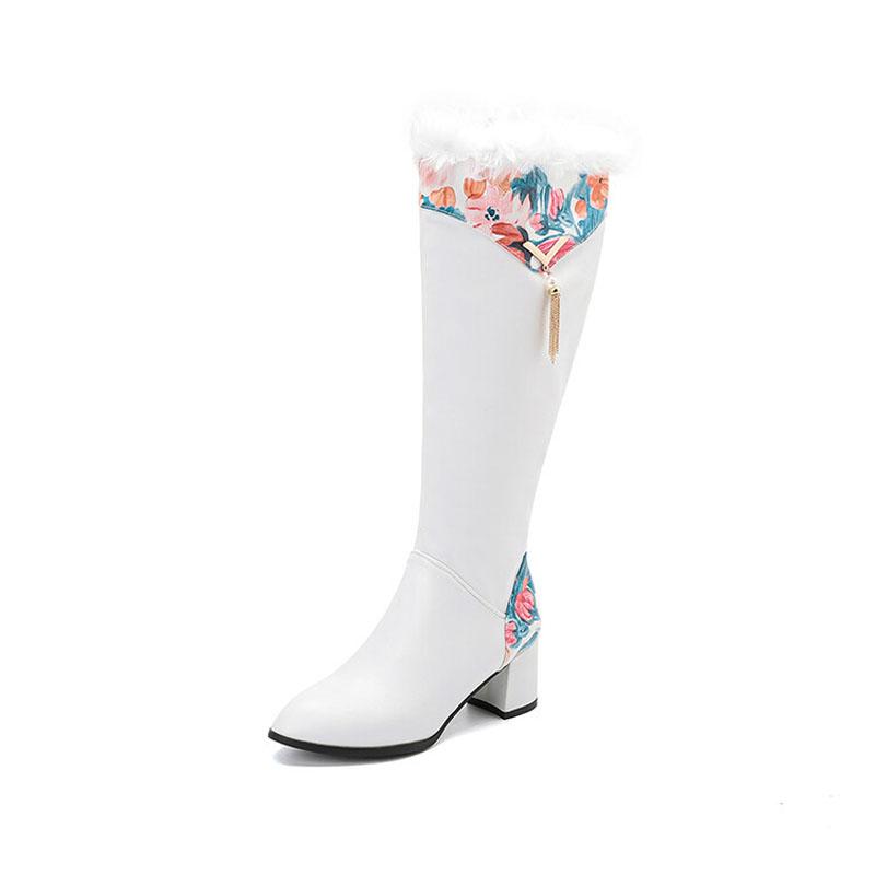 2025 Winter Knee High Boots for Women Printing Patchwork High Heels Women Shoes Big Size 43 Plush Warm Botas De Mujer WSH4935