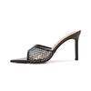 Women's high-end sheepskin, black grid rhinestone high-heeled slippers, thin heels, pointed open-toed high heels, not tiring to wear outside