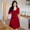 Women's Spring Summer Red V Neck Bow Puff Sleeve A Line Mini Dress
