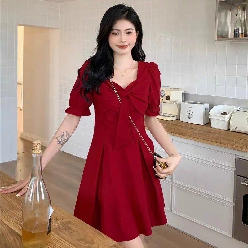 

Women s Spring Summer Red V Neck Bow Puff Sleeve A Line Mini Dress M красный