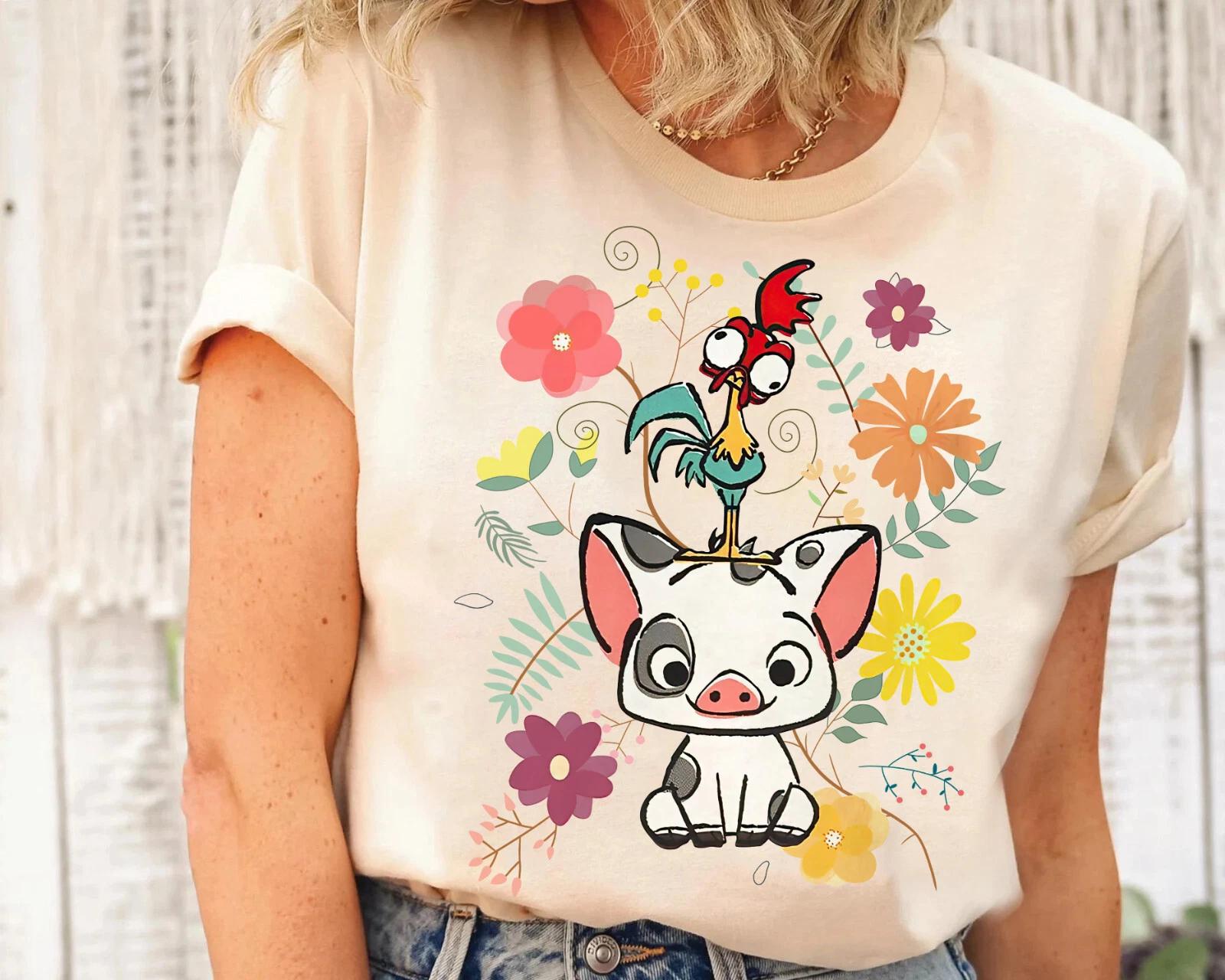 Disney Moana 70s Style Floral Pua And Hei Hei Tee Unisex Adult Kid Shirt L