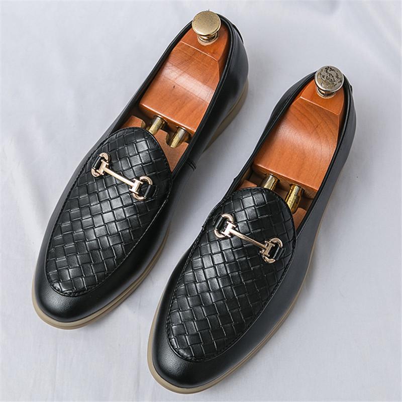 Luxury Designer New Gentleman Loafers Men's Pointed Knit Pattern Patent Leather Formal Wedding Prom Dress Homecoming Footwear
