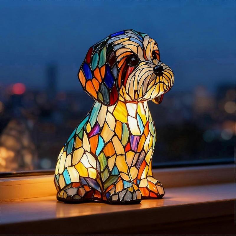 Luce Notturna per Cani con Adorabile Design a Vetro Colorato di Cucciolo, Calda Luce LED, Lampada da Tavolo per Camera da Letto Alimentata da USB per Amanti dei Cani