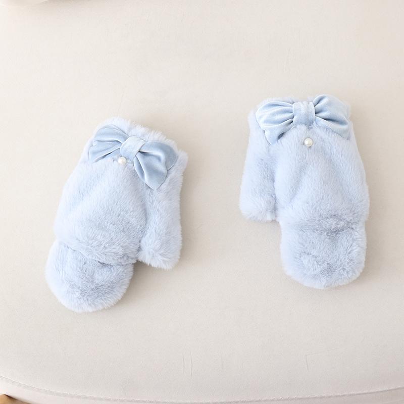 Japanische Süße und Niedliche Mädchen Pelzige Ohrenschützer kawaii einfarbig Vielseitiger Schal mit Schleife Winter Neu Warmes Zubehör Handschuhe