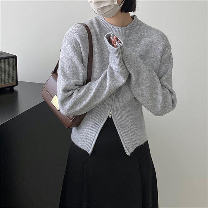 Autumn and Winter Short Zip Pullover Sweater Women's Waisted Round Neck Pullover