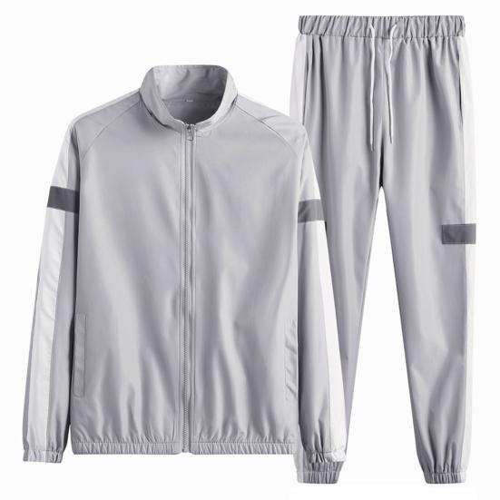 2Pcs/Set Men Sportswear Set Patchwork Color Stand Collar Long Sleeve Zipper Placket Jacket Elastic Waistband Drawstring