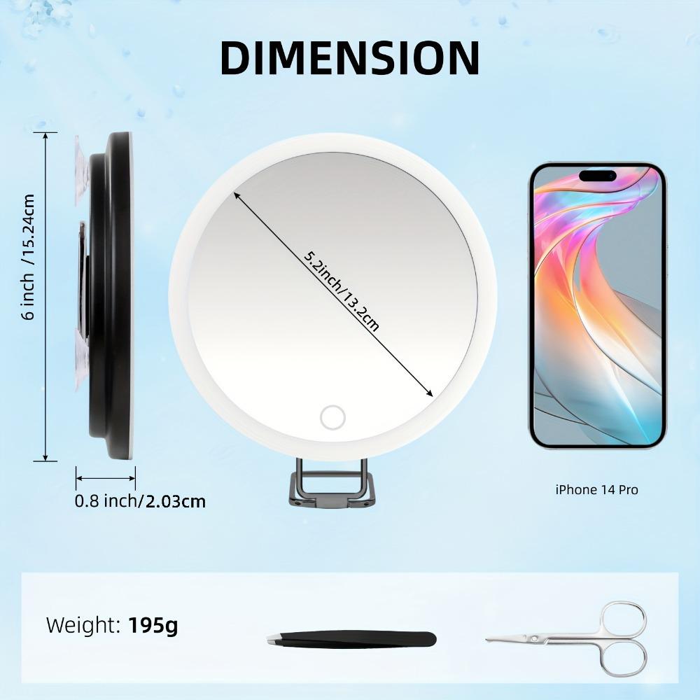 Rechargeable 6-Inch Makeup Mirror with 30x Magnification, LED Fill Light, 360° Bracket, and 3 Suction Cups