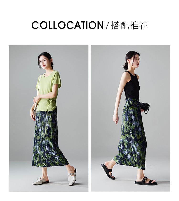 Fashionable printed pleated skirt 2026 summer thin commuting versatile mid length A-line skirt