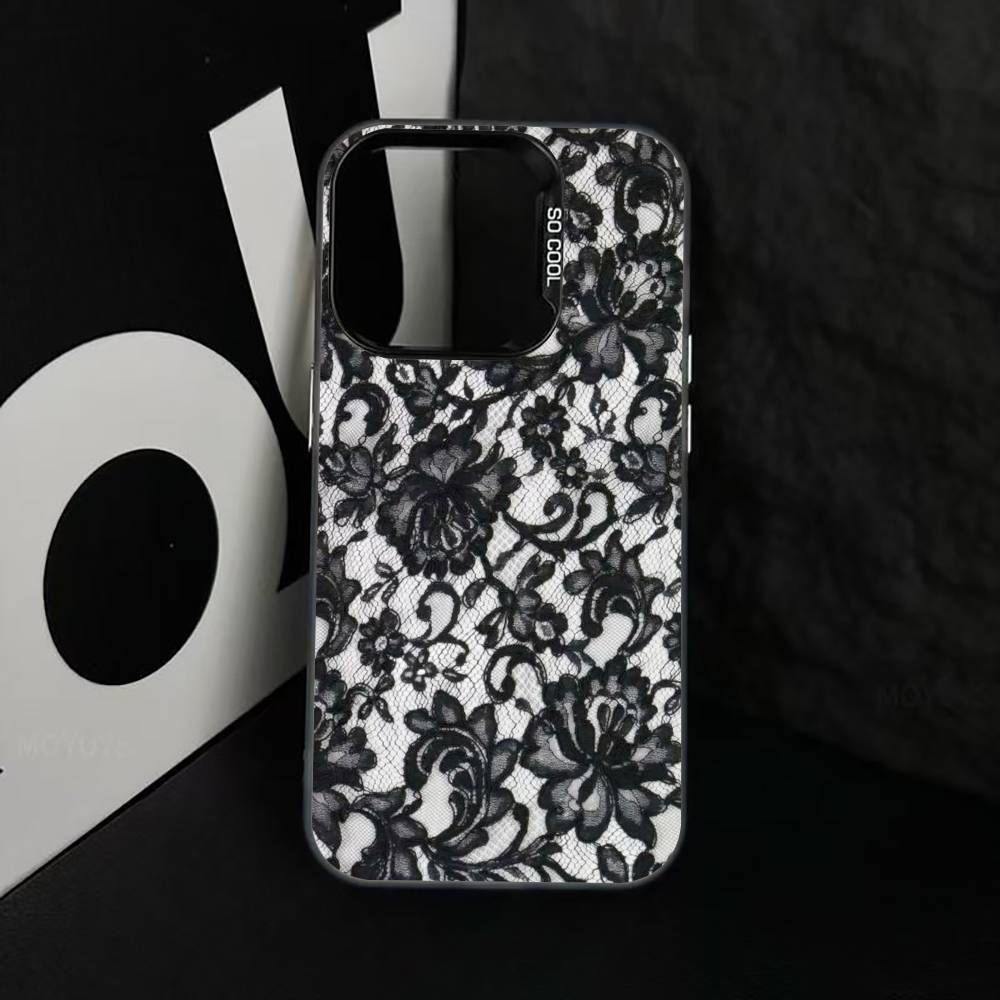 B-Black lace print Phone Case For iPhone 17,16,15,14,13,12,11 Plus,Pro Max,XS,Colorful Silver Black Cover
