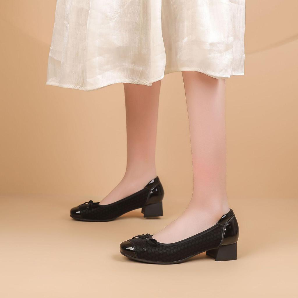 Damskie buty formalne na wiosnę 2024 r. - skóra naturalna, gruby obcas, płytkie wycięcie, pierwsza warstwa skóry bydlęcej, profesjonalny design.
