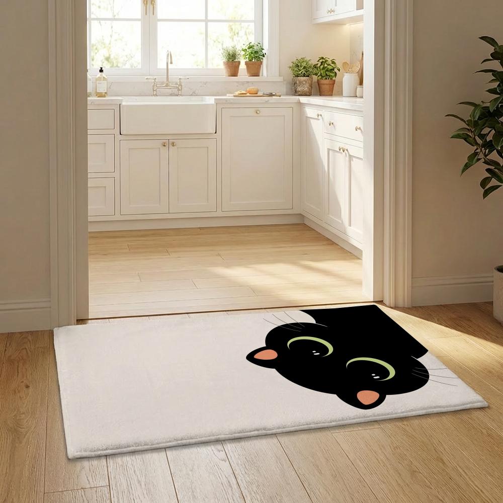 Cartoon Cute Black Cat Kawaii Floor Mat Flannel Door Mat Non-Slip Bedroom Living Room Home Decor