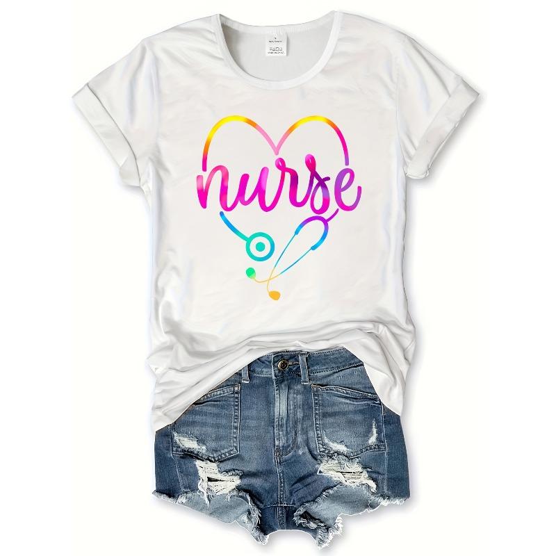 T-shirt à col rond imprimé lettres pour infirmière Taille européenne Femme Manches courtes décontractées Vêtement Printemps Été