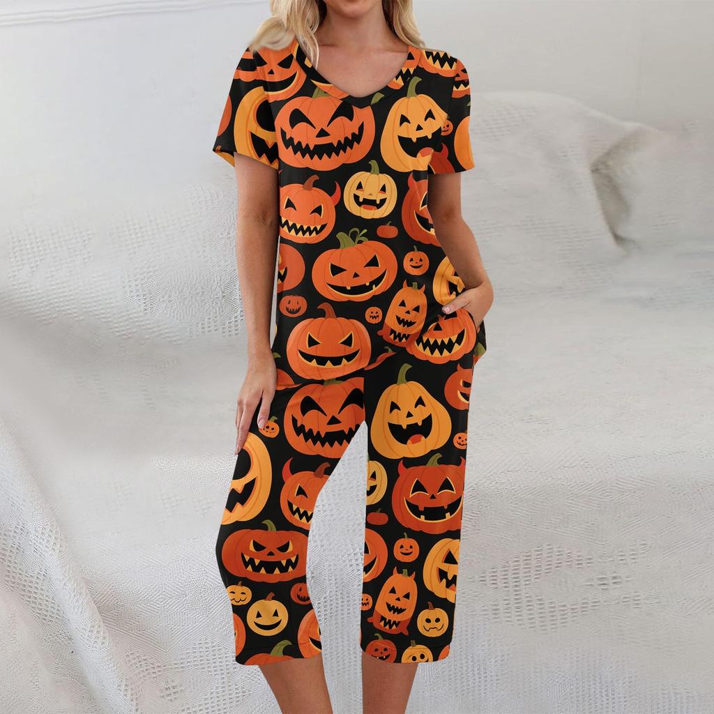 2 Piece Sets For Women Short Sleeve Top And Pants With Pockets Workout Soft Halloween Print Sets