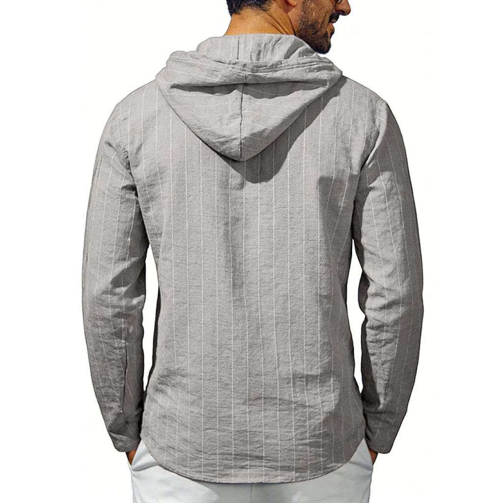 Men's Striped Hooded Casual Shirt Long Sleeve Linen Cotton Casual Tops Drawstring Beach Hoodie Blouse