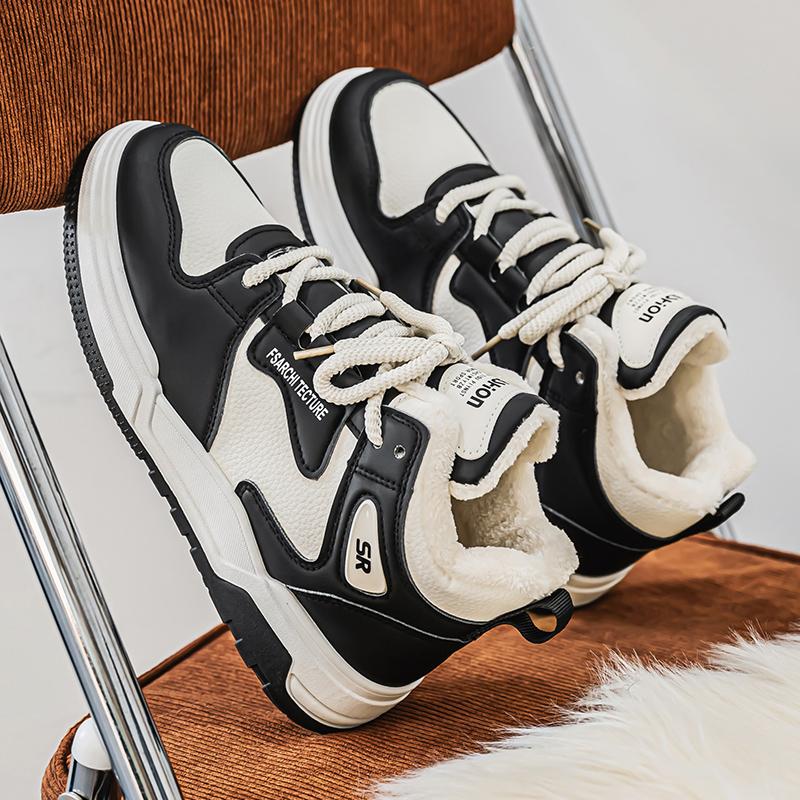 Men's Warm Plush Sneakers High Top Leather Casual Shoes Men's Skateboarding Windproof Casual Sports Shoes Thick Flat Shoes