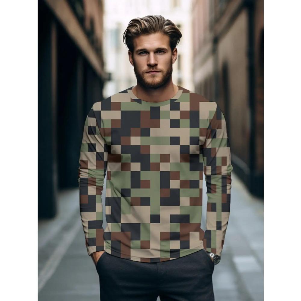Spring Autumn Men's Camo Disguise Print Long Sleeve T-Shirt Outdoor Hunting Crew Neck Top Outdoor Streetwear Fashion Women Pullover Clothing