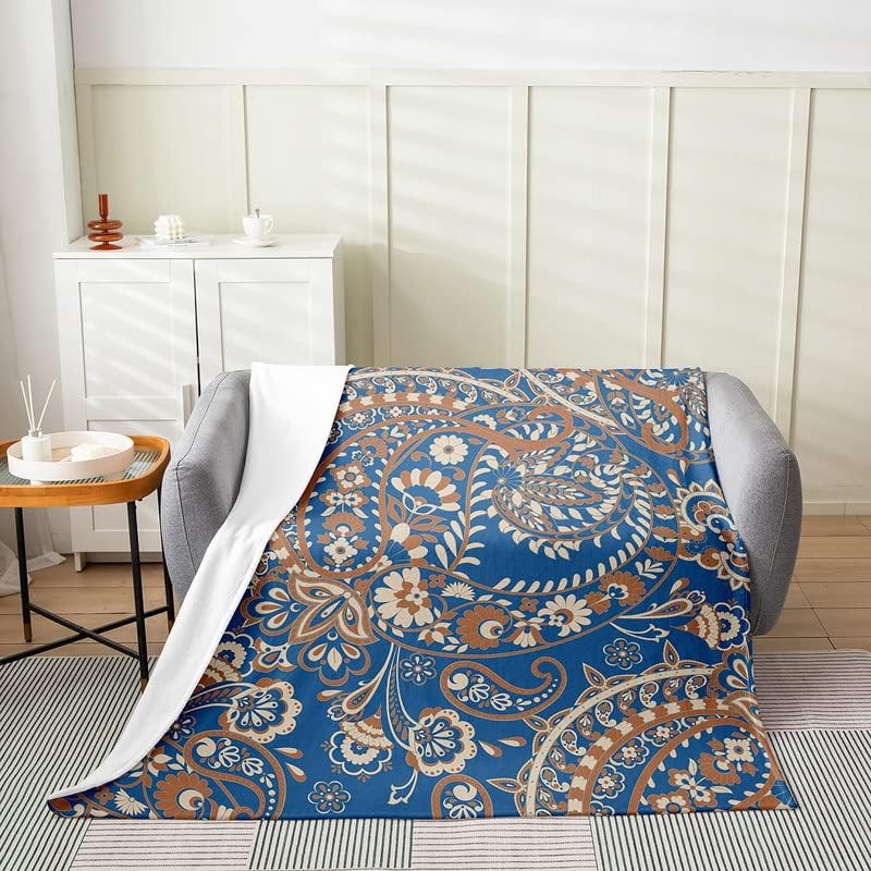 Paisley Fuzzy Throw Blanket Bohemian Exotic Style Flannel Fleece All Season Bed Blanket for Sofa Couch Room Indian Style Red Yel