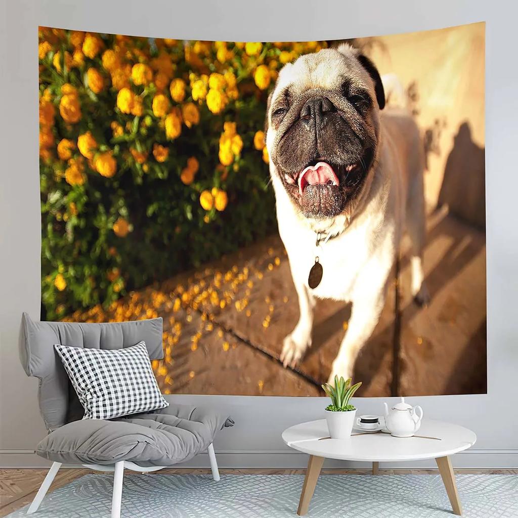 Cute Animals Pet Pug Dog Decor Tapestry for Backdrop Creativity Bedroom Dorm Living Room Modern Decor Wall Hanging Tapestries