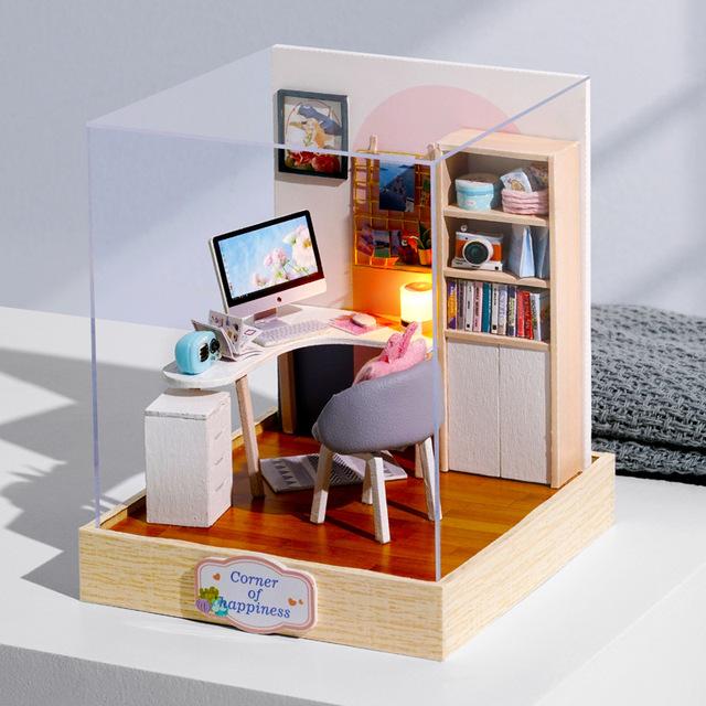 Mini casă de păpuși în miniatură Kit de bricolaj pentru casă mică, jucării de cameră, puzzle din lemn, artizanat, decorațiuni pentru dormitor, cu mobilier, casă de păpuși