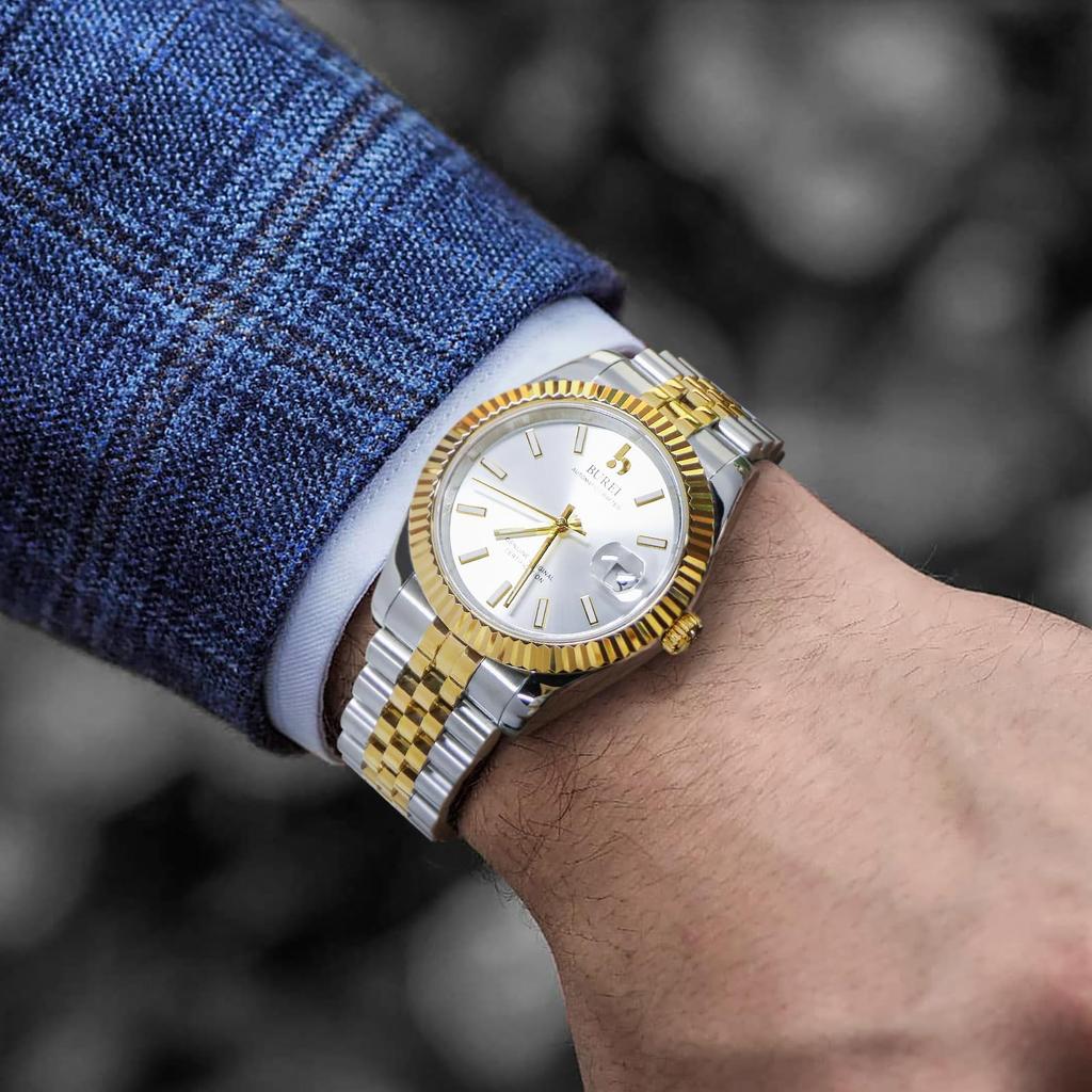BUREI Men's Classic Luxury Automatic Watch Stainless Steel Waterproof Double Dial Sapphire Crystal Silver Dial Fashion