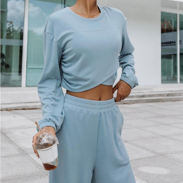Women Autumn Winter Loose Hoodies Suit Long Sleeve O Neck Top with Wide Leg Pants Solid Color