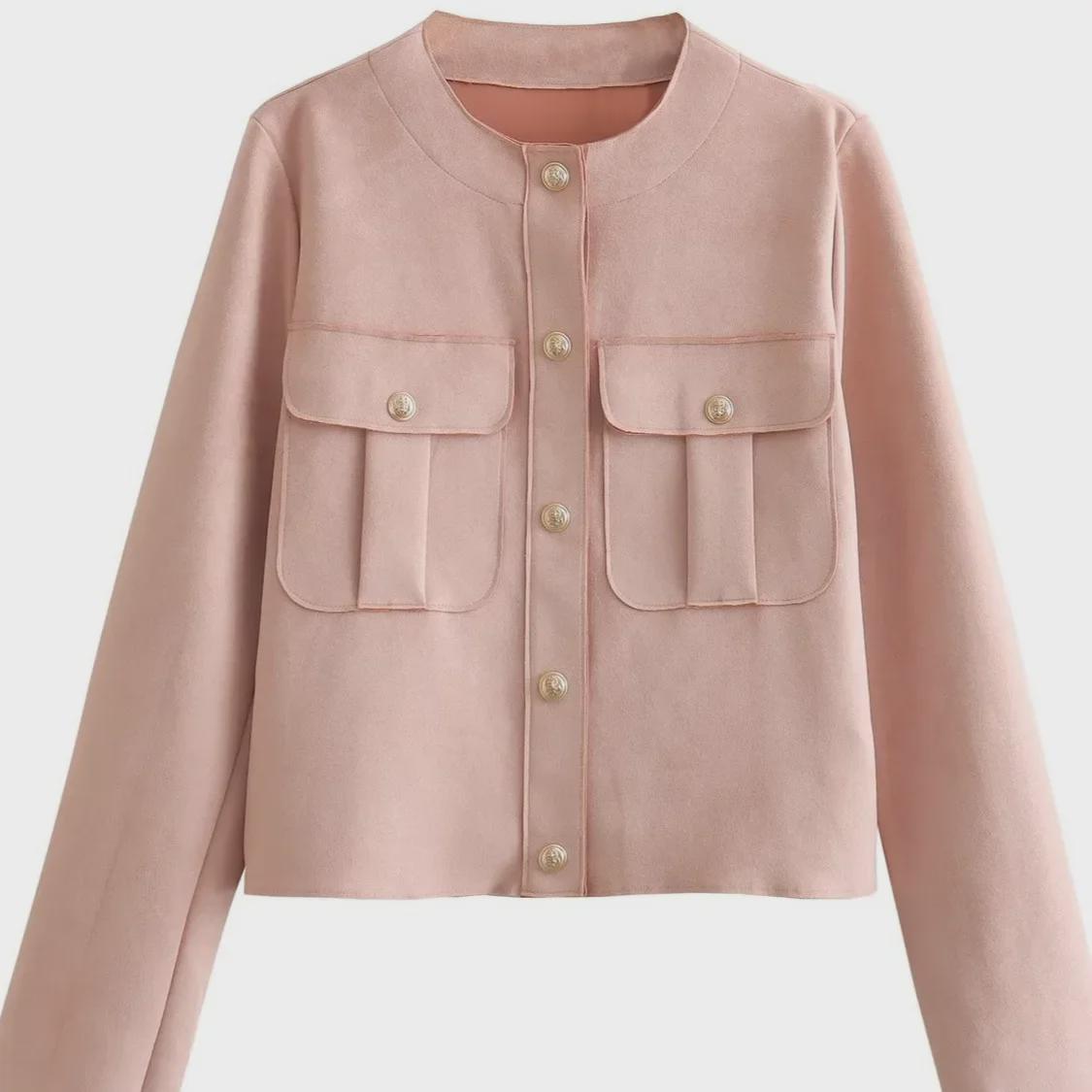 

2023 Women s Autumn Pink Suede Effect Round Neck Jacket Large