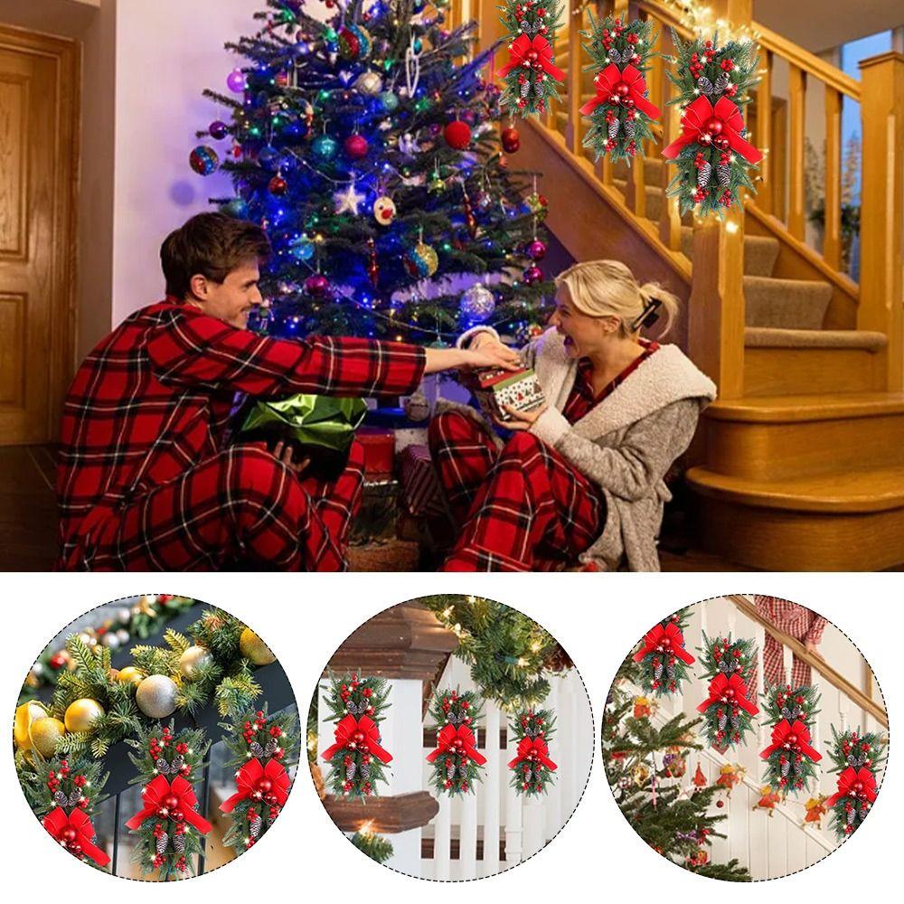 Red Bow Christmas Wreath Pine Cone PE Leaf Staircase Arrangement Simulation Plant Upside Down Design Rattan Decoration