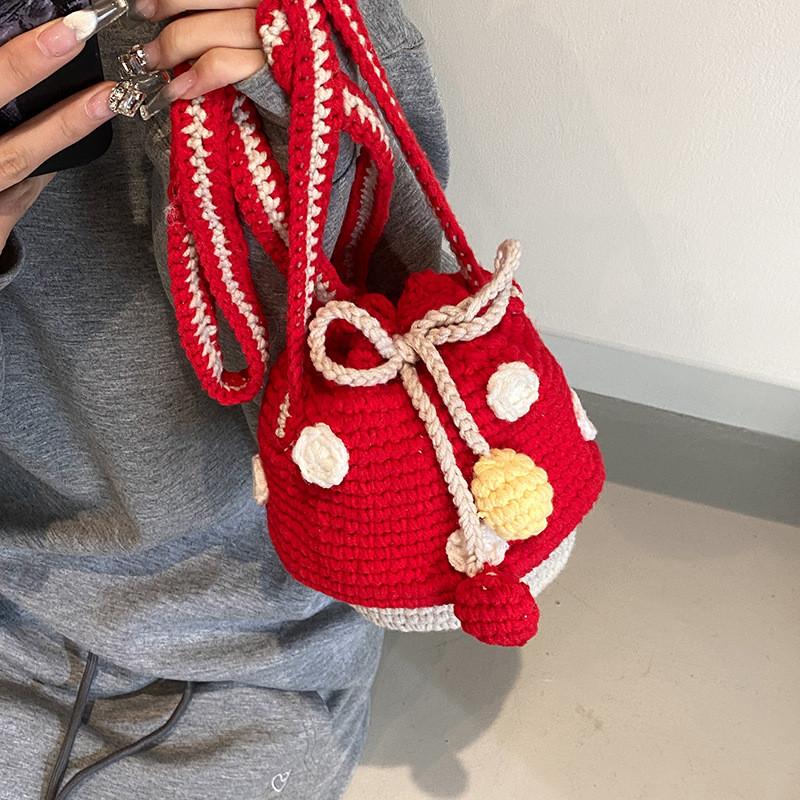 Mushroom Delightful Pattern Knitted Drawstring Bag For Children Unisex And Design Playful