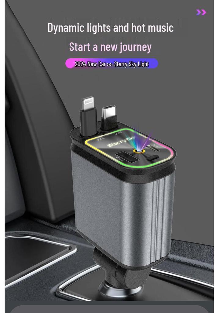 Retractable Four-in-One Car Charger with Starry Sky Light & Alloy Finish for Apple & Huawei