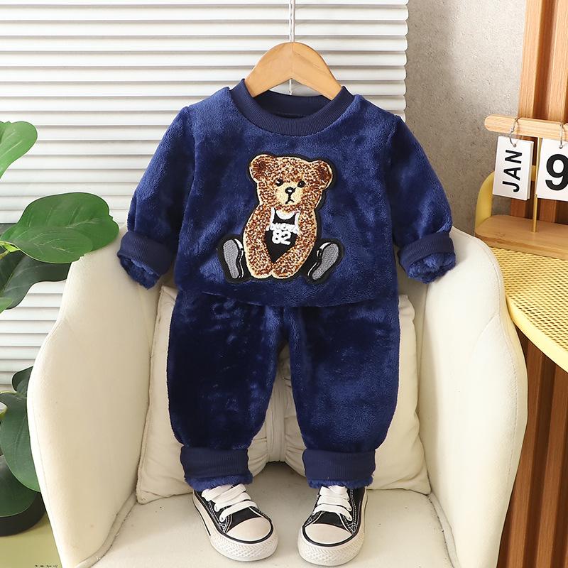 2025 Children's Two Piece Sleepwear Warm Men's and Women's Velvet Set Autumn and Winter Home Furnishings