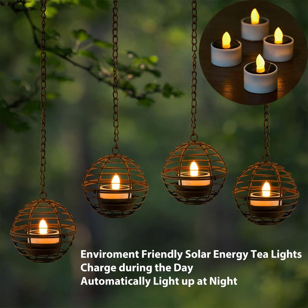 4 Stück Retro Solar-Hängelaternen Outdoor Wasserdicht Rostiges Eisenkugel-Kerzen-Teelicht für Garten Terrasse Zaun Hof Baum Dekor Leuchte