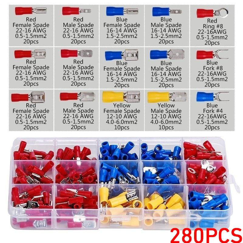 280Pcs Spade Crimp Terminal Connector Kit with 4-in-1 Wire Stripper Copper Contact Crimp Termination Insulated Cable Connectors