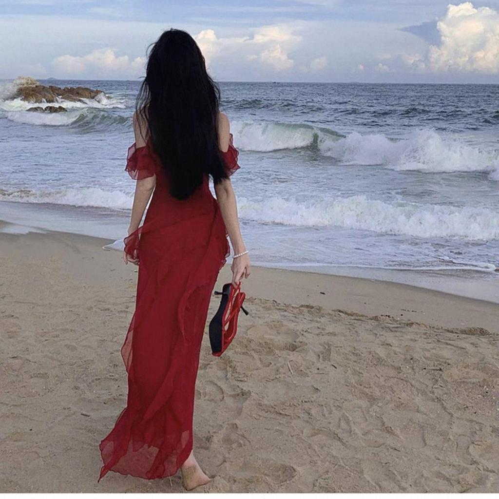 French Retro Red Spaghetti Strap Ruffle Dress - Women's Summer Beach Vacation Elegance