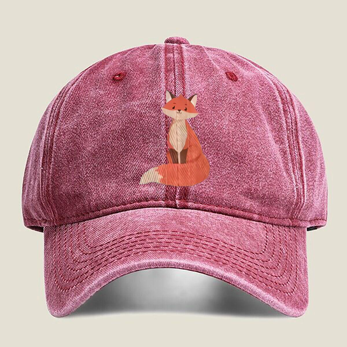 Cute Fox Illustration Fashion Washed Baseball Cap Hat Outdoor Activities One Size