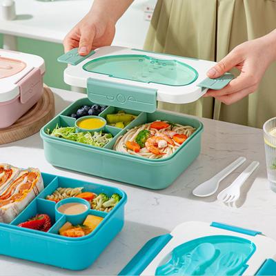 1350ML Lunch Box with Fork Spoon 5 Compartments Sauce Box Microwave Safe Food Grade School Students Bento Food Container Kitchen Supplies