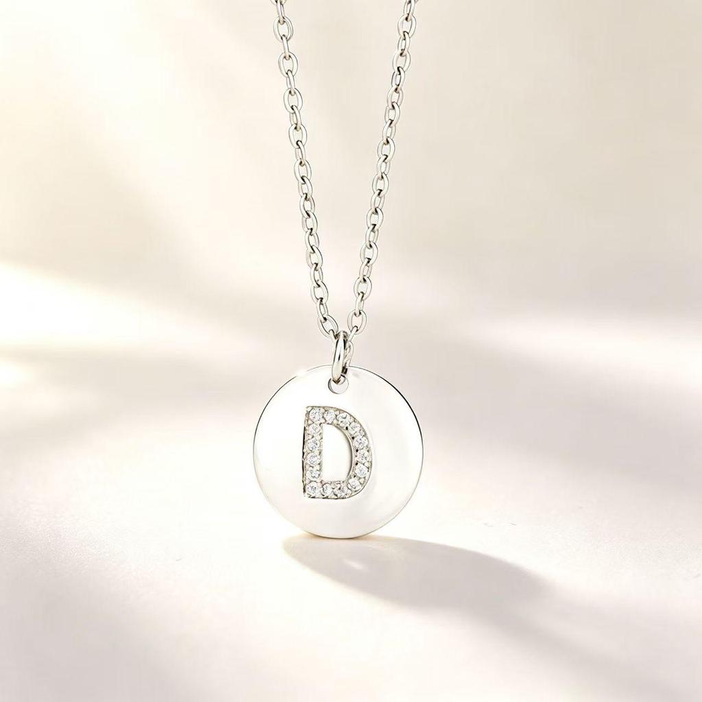Round Pendant Necklace with Micro-Set Cubic Zirconia Letter D