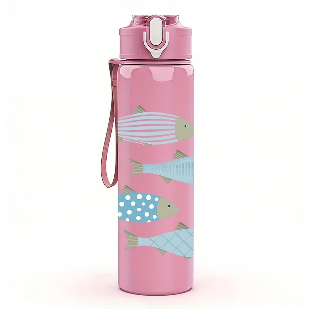 1PC School Of Fish Light Blue Print 750ml Color Plastic Sports Water Bottle Leakproof Flip Straw Lid Suitable for Sports Office Home Use