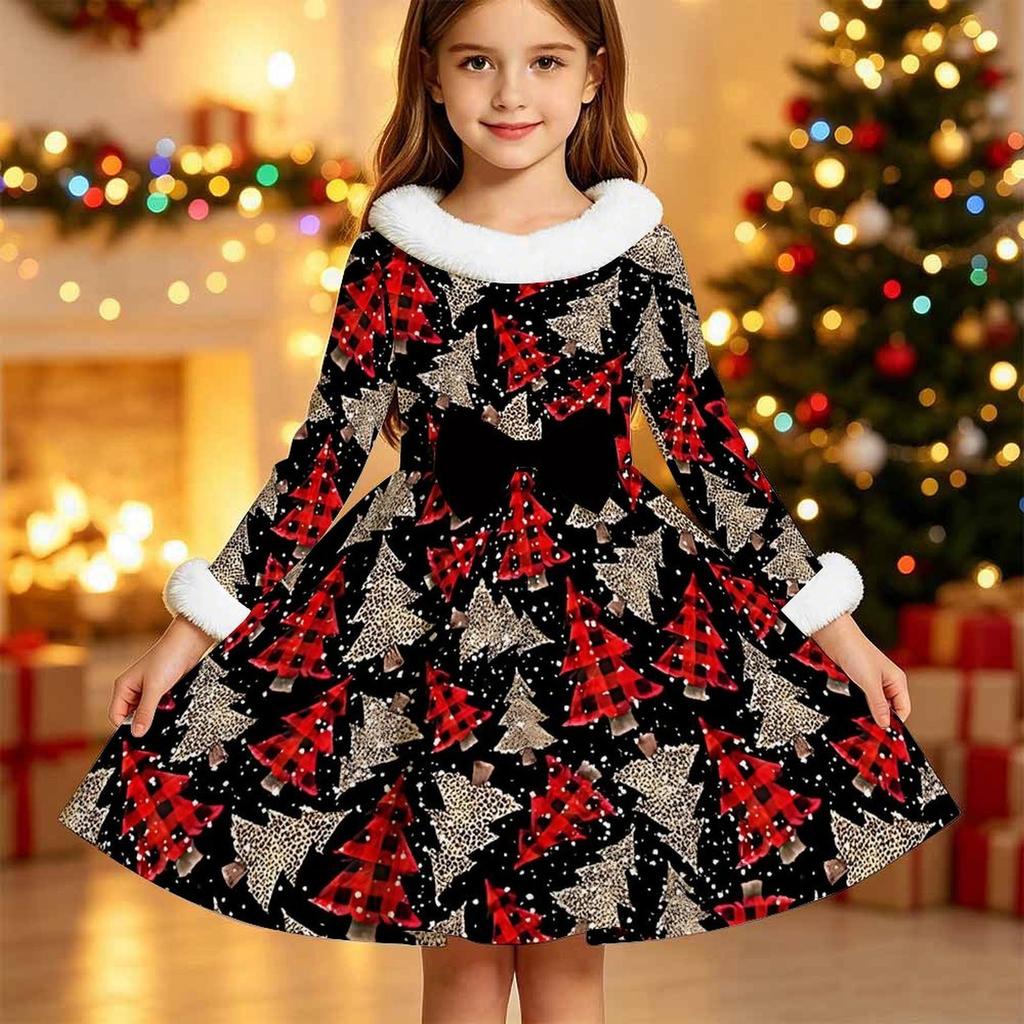 Kids Long Sleeve Christmas Dress, Snowman Print Faux Fur Collar Bow Decor Princess Dresses for Girl Holiday Party Wear